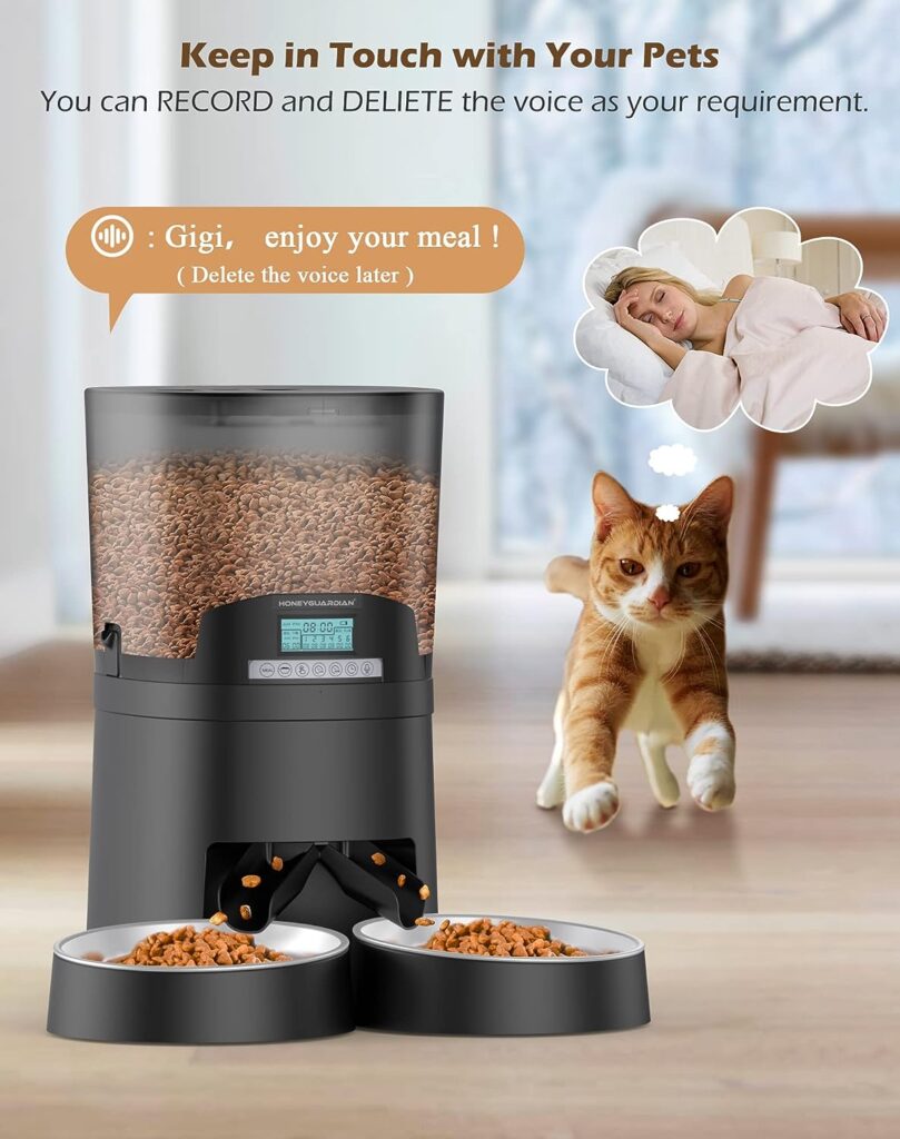 HoneyGuaridan Automatic Cat Feeders 2 Cats 6.5L,2.4GWi-Fi Smart Pet Feeder with APP Control for Cats and Dogs Dry Food Dispenser with 2 Stainless Steel Bowl, 1-6 Meals Per Day，10s Voice Recorder Black