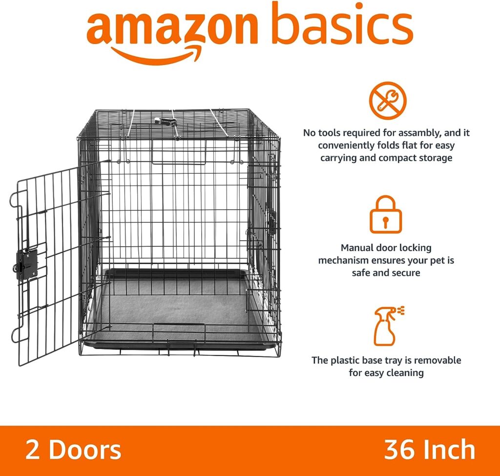 Amazon Basics - Durable, Foldable Metal Wire Dog Crate with Tray, Double Door, 36 x 23 x 25 Inches, Black
