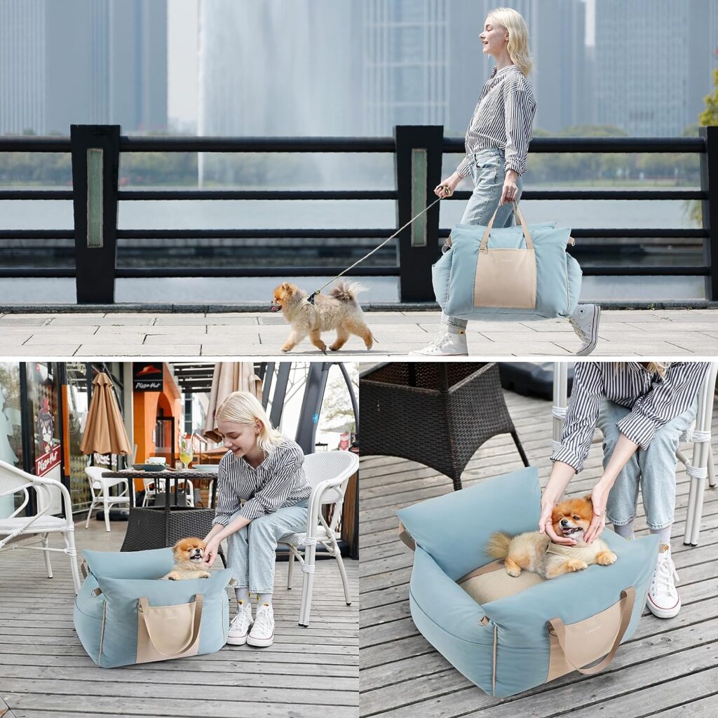 Lesure Small Dog Car Seat for Small Dogs - Waterproof Dog Booster Seat for Car with Storage Pockets and Clip-On Safety Leash and Thickened Memory Foam Filling, Pet Travel Carrier Bed, Light Blue