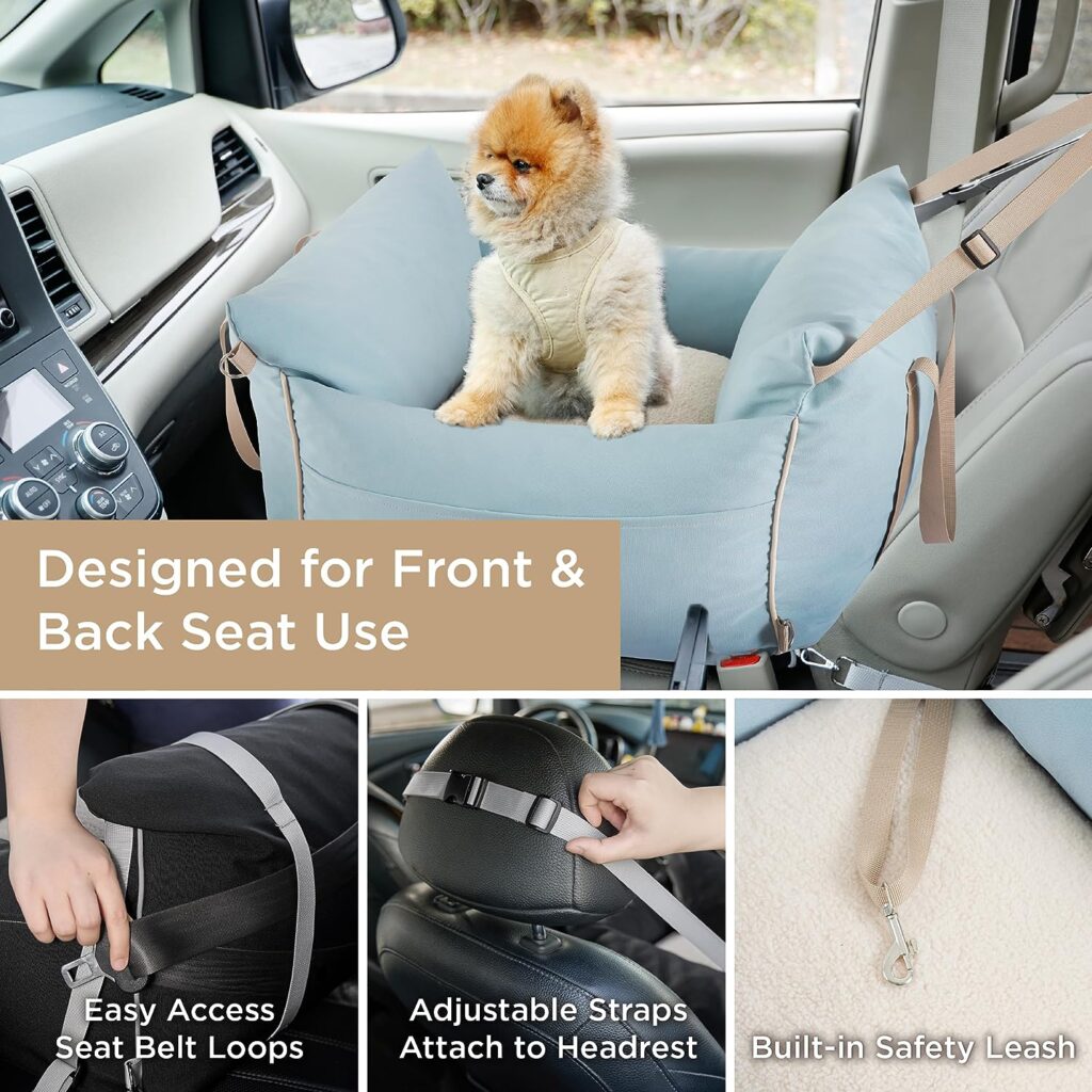 Lesure Small Dog Car Seat for Small Dogs - Waterproof Dog Booster Seat for Car with Storage Pockets and Clip-On Safety Leash and Thickened Memory Foam Filling, Pet Travel Carrier Bed, Light Blue