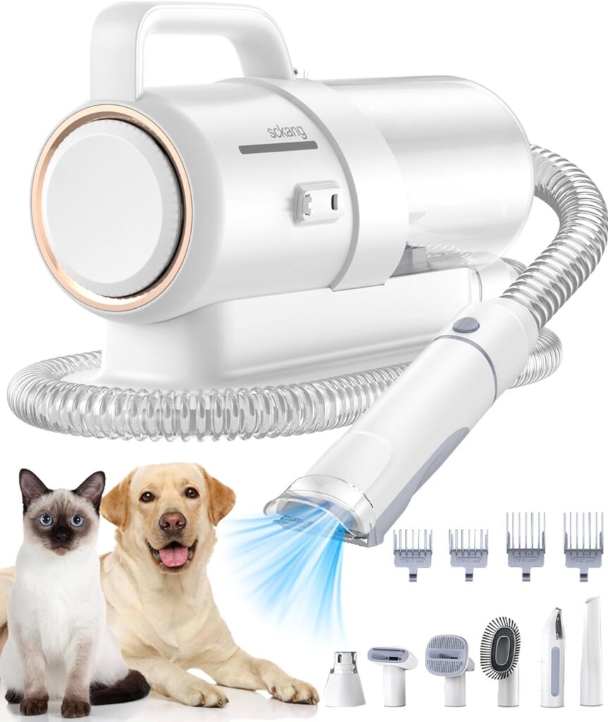 Pet Clipper Grooming  Pet Grooming Vacuum Kit,Low Noise Technology Picks Up 99% Pet Hair,7 in 1 Proven Grooming Tools with Nail Grinder,2.3L Capacity Pet Hair Dust Cup (White)