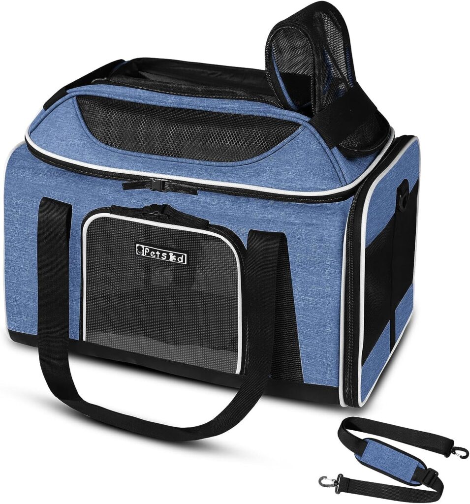 Petskd Pet Carrier Top-Expandable 17x13x9.5 Southwest Airline Approved, Soft Small Dog Cat Carrier for 1-15 LBS Pets with Locking Safety Zipper and Anti-Scratch Mesh(Blue)