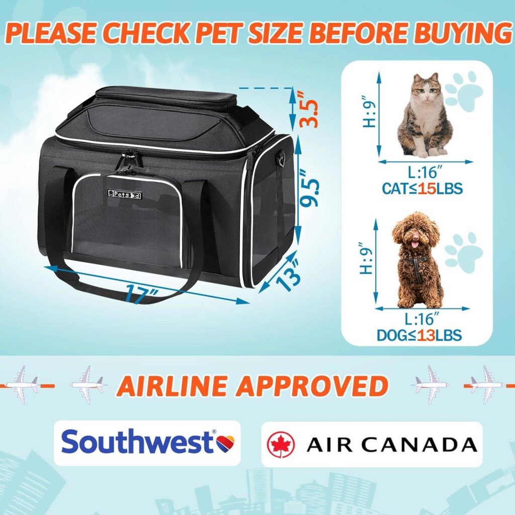 Petskd Pet Carrier Top-Expandable 17x13x9.5 Southwest Airline Approved, Soft Small Dog Cat Carrier for 1-15 LBS Pets with Locking Safety Zipper and Anti-Scratch Mesh(Black)