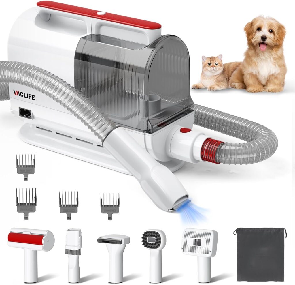 VacLife Pet Hair Vacuum for Shedding Grooming with Dog Clipper - Multipurpose Grooming Kit with Brushes and Other Grooming Tools for Dogs and Cats - Low-Noise - White and Red (VL776)