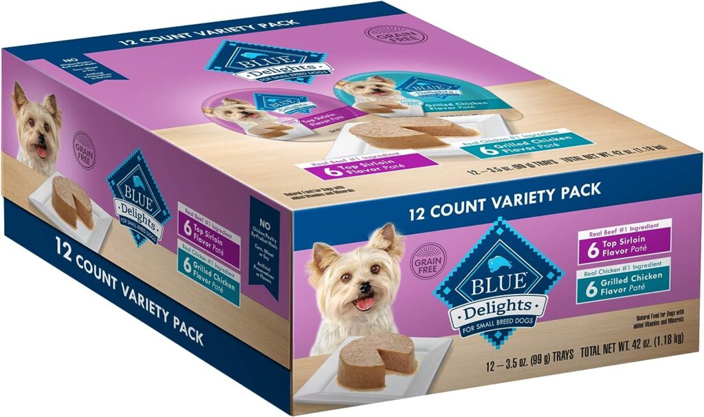 Blue Buffalo Delights Natural Adult Small Breed Wet Dog Food Cups, Pate Style, Grilled Chicken  Top Sirloin 3.5-oz (12 Pack- 6 of Each Flavor)
