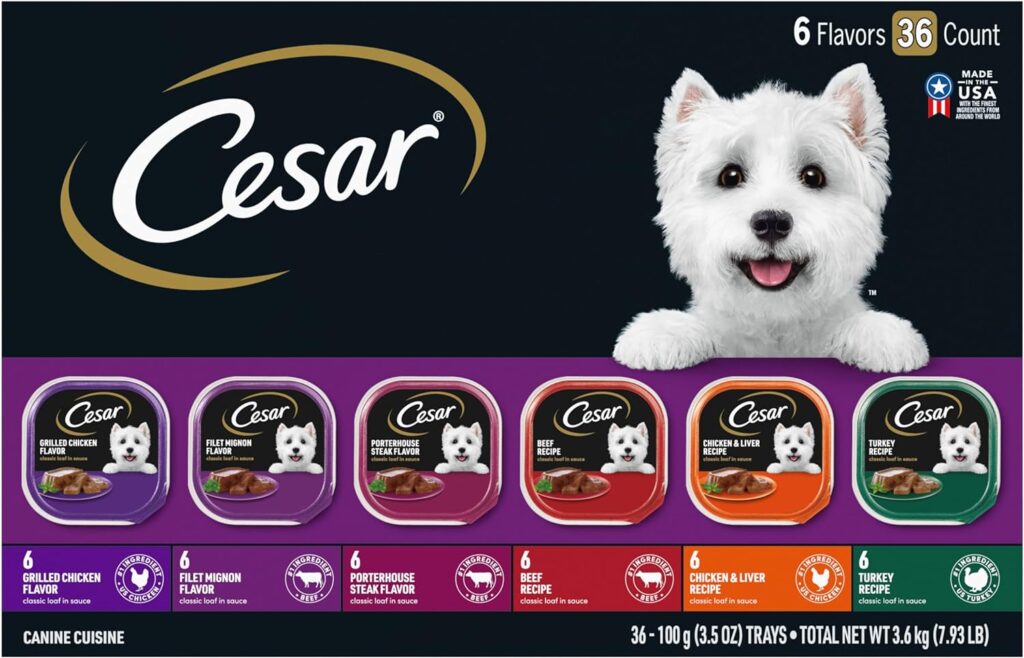 CESAR Adult Wet Dog Food Classic Loaf in Sauce Grilled Chicken, Filet Mignon, Porterhouse Steak, Beef, Chicken  Liver and Turkey Variety Pack, 3.5 oz. Easy Peel Trays, Pack of 36