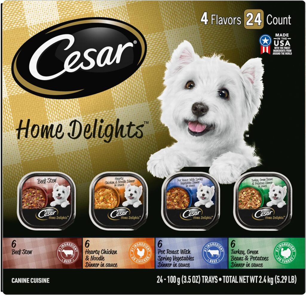 CESAR HOME DELIGHTS Adult Wet Dog Food Pot Roast  Vegetable, Beef Stew, Turkey Potato  Green Bean, and Hearth Chicken  Noodle Variety Pack, 3.5 oz. Easy Peel Trays, Pack of 24