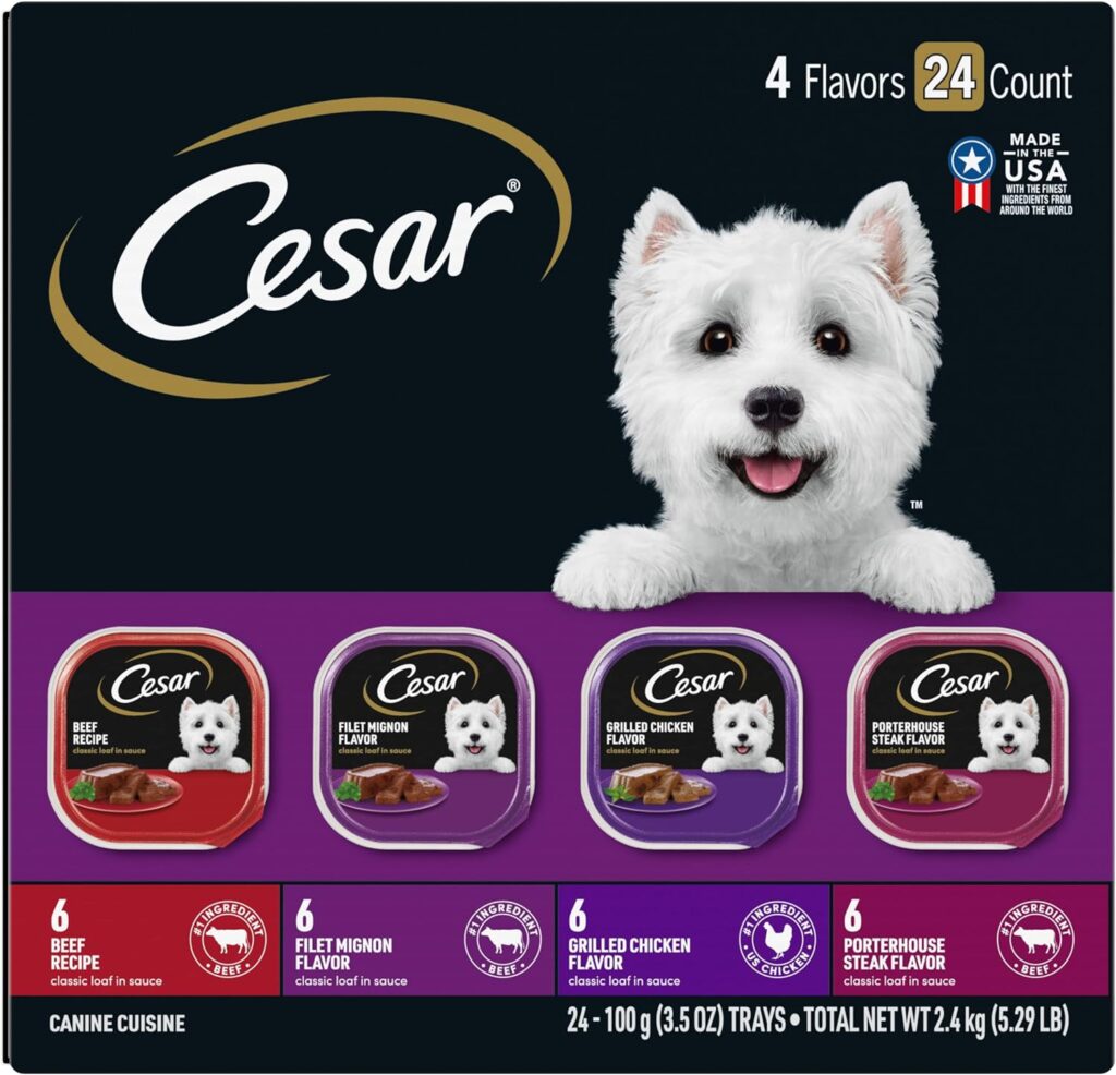 CESAR HOME DELIGHTS Adult Wet Dog Food Pot Roast  Vegetable, Beef Stew, Turkey Potato  Green Bean, and Hearth Chicken  Noodle Variety Pack, 3.5 oz. Easy Peel Trays, Pack of 24