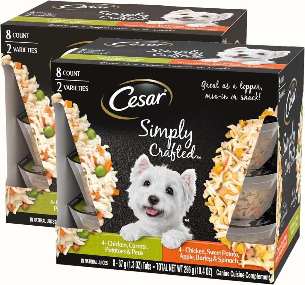 CESAR SIMPLY CRAFTED Adult Soft Wet Dog Food Meal Topper Variety Pack, Chicken, Carrot, Potato  Peas and Chicken, Sweet Potato, Apple, Barley  Spinach, 8 Count(Pack of 2)